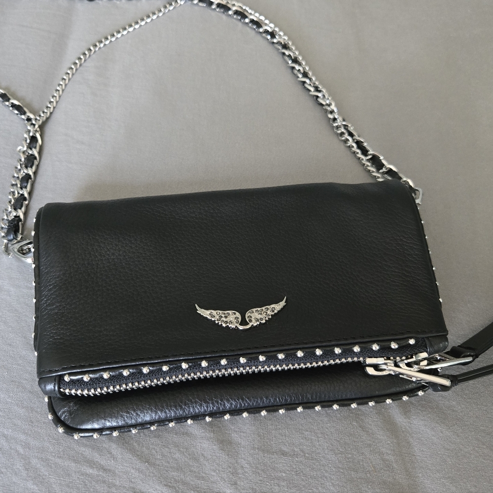 Zadig & Voltaire Black Leather Chain Shoulder Bag With Studs